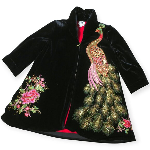 Vicky and Lukas Swing Coat Velvet Heavily Embroidered Peacock Floral Large - Picture 4 of 9